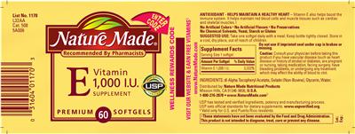 Photo of the Nature Made Vitamin E 1,000 IU Supplement label