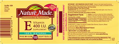 Photo of the Nature Made Vitamin E 400 IU Supplement label
