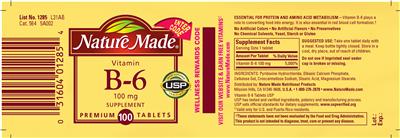 Photo of the Nature Made Vitamin B-6 100 mg Supplement label