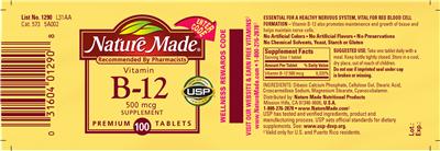 Photo of the Nature Made Vitamin B-12 500 mcg Supplement label