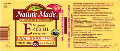 Photo of the Nature Made Vitamin E 400 IU Supplement label