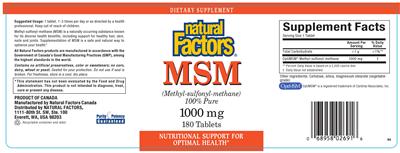 Photo of the Natural Factors MSM 1000 mg label