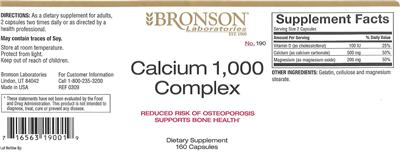 Photo of the Bronson Laboratories Calcium 1,000 Complex label