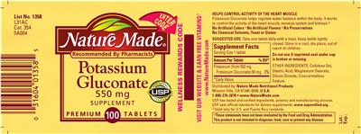 Photo of the Nature Made Potassium Gluconate 550 mg label