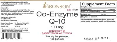 Photo of the Bronson Co-Enzyme Q-10 100 mg label