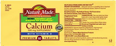 Photo of the Nature Made Calcium 500 mg Supplement label