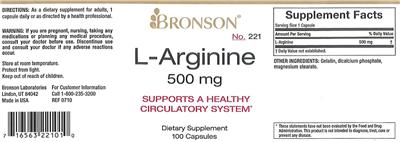 Photo of the Bronson L-Arginine 500 mg label