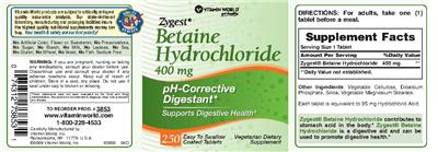 Photo of the Vitamin World Zygest Betaine Hydrochloride 400 mg label