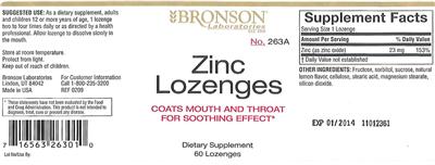 Photo of the Bronson Laboratories Zinc Lozenges label