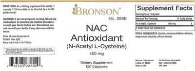 Photo of the Bronson NAC Antioxidant (N-Acetyl L-Cysteine) 400 mg label
