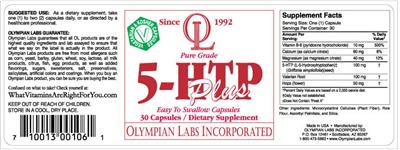 Photo of the OL Olympian Labs Pure Grade 5-HTP Plus label