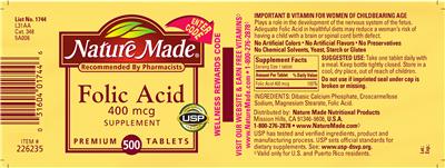 Photo of the Nature Made Folic Acid 400 mcg Supplement label