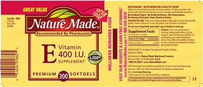 Photo of the Nature Made Vitamin E 400 IU Supplement label