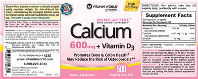 Photo of the Vitamin World Calcium 600 mg + Vitamin D3 label