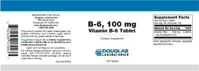 Photo of the Douglas Laboratories B-6, 100 mg Vitamin B-6 Tablet label