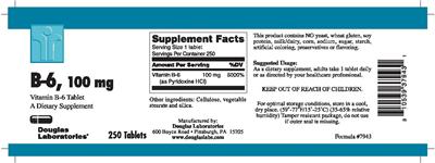 Photo of the Douglas Laboratories B-6, 100 mg Vitamin B-6 Tablet label