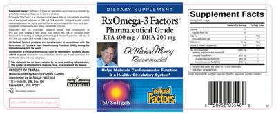 Photo of the Natural Factors RxOmega-3 Factors Pharmaceutical Grade EPA 400 mg / DHA 200 mg label