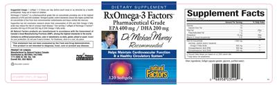 Photo of the Natural Factors RxOmega-3 Factors Pharmaceutical Grade EPA 400 mg / DHA 200 mg label