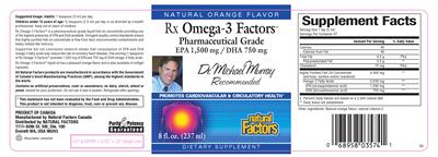 Photo of the Natural Factors Rx Omega-3 Factors Pharmaceutical Grade EPA 1,500 mg / DHA 750 mg Natural Orange Flavor label