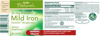 Photo of the Meijer Naturals Mild Iron 25 mg Chelated label