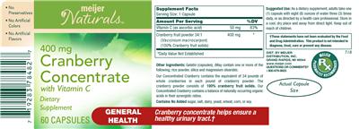 Photo of the Meijer Naturals Cranberry Concentrate 400 mg with Vitamin C label