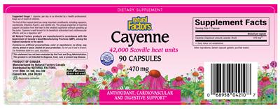 Photo of the Natural Factors Cayenne 42,000 Scoville Heat Units 470 mg label