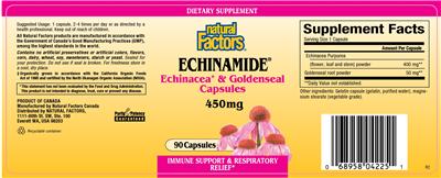 Photo of the Natural Factors Echinamide Echinacea & Goldenseal Capsules 450 mg label