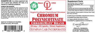 Photo of the OL Olympian Labs Chromium Polynicotinate ChromeMate Brand label