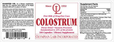 Photo of the OL Olympian Labs Colostrum label
