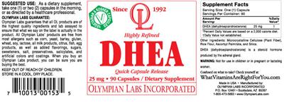 Photo of the OL Olympian Labs Highly Refined DHEA 25 mg label