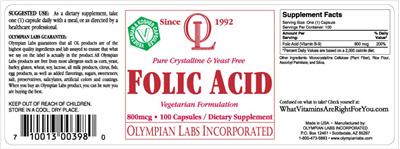 Photo of the OL Olympian Labs Folic Acid label