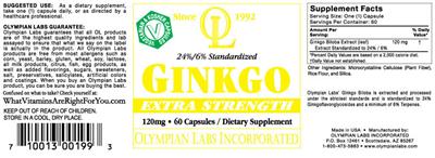 Photo of the OL Olympian Labs 24%/6% Standardized Ginkgo Extra Strength label