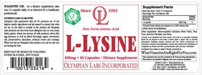 Photo of the OL Olympian Labs L-Lysine label