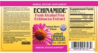 Photo of the Natural Factors Echinamide Fresh Alcohol Free Echinacea Extract Natural Berry Flavor label