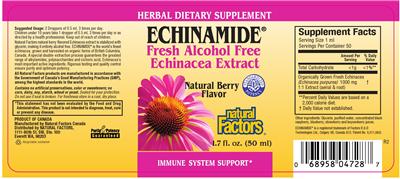 Photo of the Natural Factors Echinamide Fresh Alcohol Free Echinacea Extract Natural Berry Flavor label