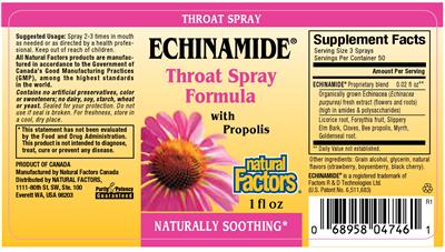 Photo of the Natural Factors Echinamide Throat Spray Formula With Propolis label