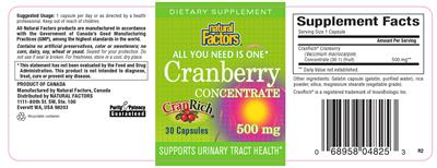 Photo of the Natural Factors Cranberry Concentrate 500 mg label