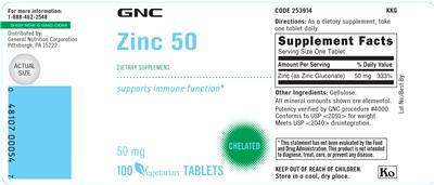 Photo of the GNC Zinc 50 mg label