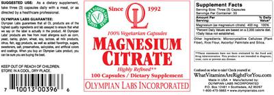 Photo of the OL Olympian Labs Magnesium Citrate label