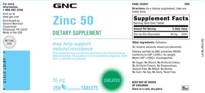 Photo of the GNC Zinc 50 mg label