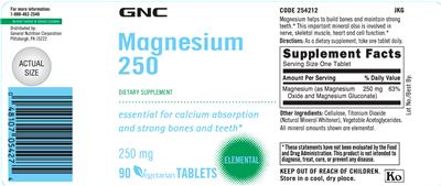 Photo of the GNC Magnesium 250 label