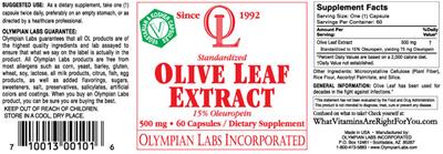 Photo of the OL Olympian Labs Standardized Olive Leaf Extract label
