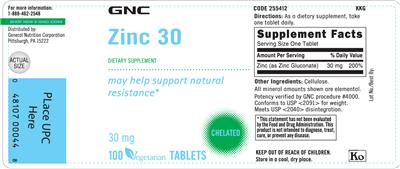 Photo of the GNC Zinc 30 mg label