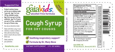 Photo of the GaiaKids Cough Syrup For Dry Coughs label