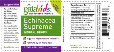 Photo of the GaiaKids Echinacea Supreme Herbal Drops label