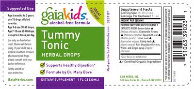 Photo of the GaiaKids Tummy Tonic Herbal Drops label