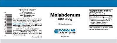 Photo of the Douglas Laboratories Molybdenum 500 mcg label