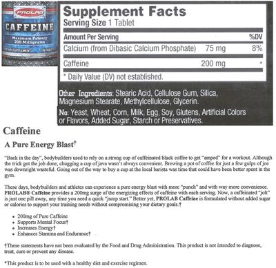 Photo of the Prolab Caffeine Maximum Potency 200 mg label