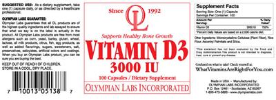 Photo of the OL Olympian Labs Vitamin D3 3000 IU label