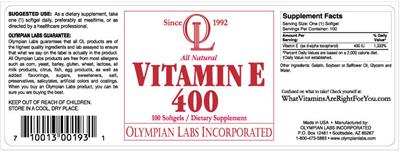 Photo of the OL Olympian Labs Vitamin E 400 label
